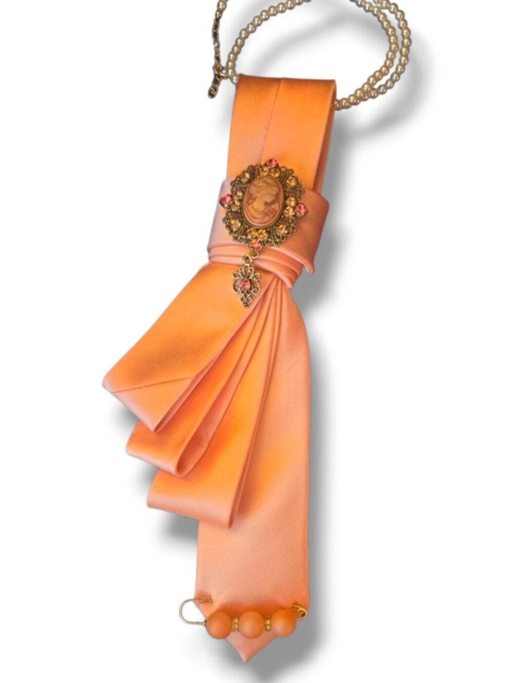3$60 Peach Satin Cravat Necklace with Cameo Brooch and Pearls